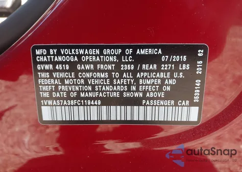 2015 Volkswagen Passat 1.8T Limited Edition из США, поврежденный, VIN 1VWAS7A38FC119449